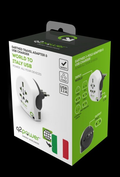 q2power Country Adapter Welt auf Italien USB, 1.100190
