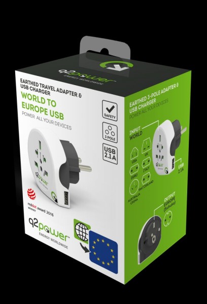 q2power Country Adapter Welt auf Europa USB, 1.100110