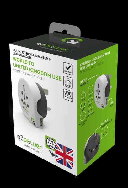 q2power Country Adapter Welt auf UK USB, 1.100130