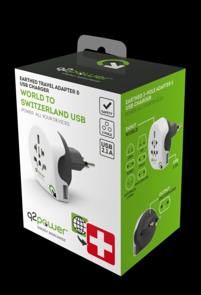 q2power Country Adapter Welt auf Schweiz USB, 1.100210